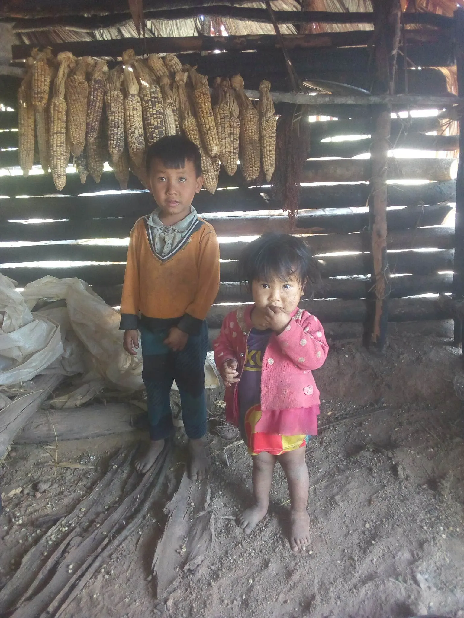 Two children standing in a rustic, possibly rural or outdoor setting, possibly a storage area.